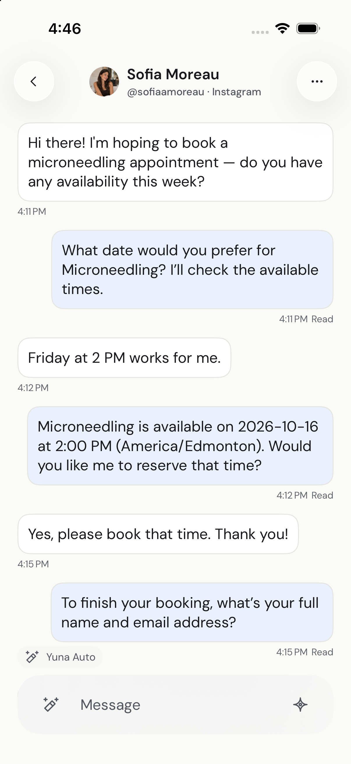 Yuna’s iPhone Instagram inbox: Sofia asks for microneedling, selects Friday at 2 PM, and Yuna checks availability and requests her details. Yuna Auto is enabled. Demo data.
